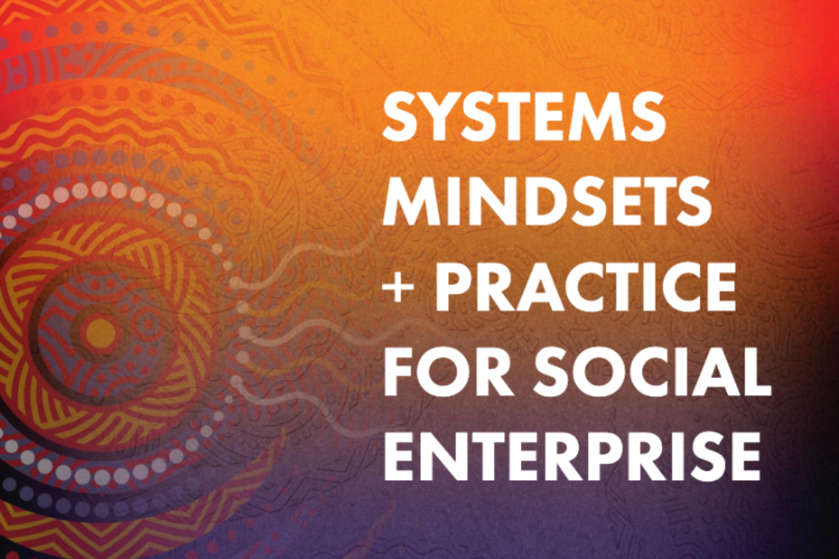 Cover of 'Systems Mindsets + Practice for Social Enterprise' featuring abstract patterns with warm gradient colours transitioning from red to orange to purple.